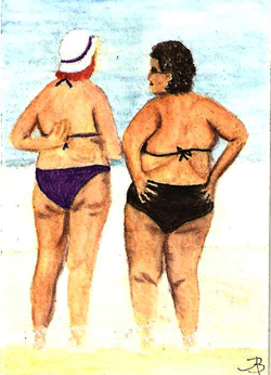 ACEO two women standing in the water at the beach by Audrey Breed.
