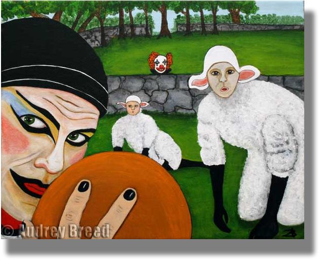 Tending The Flock original acrylic and ink on 8 x 10 x 3/4 inch canvas painting by Audrey Breed.