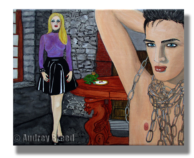 The Princess, The Frog King, and the Slave - acrylic and ink on 8 x 10 x 3/4 inch canvas by Audrey Breed.