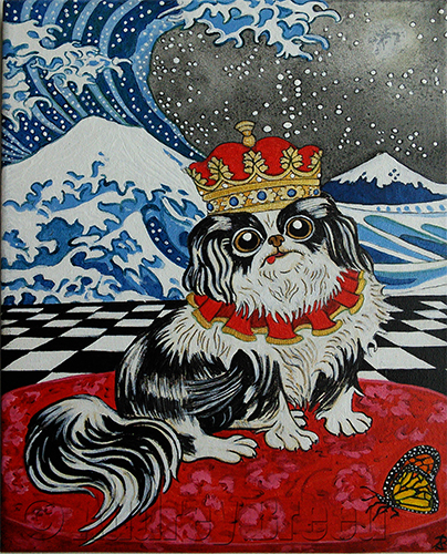 Dog, Japanese Chin wearing a crown sits on a red cushion next to a monarch butterfly.