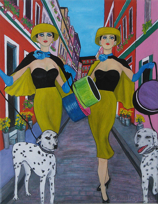 Paris Two Women Two Dogs original oil on 14 x 11 x 3/4 inch canvas, framed painting by Audrey Breed.