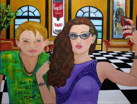 Hansel and Gretel Visit Epstein Island contemporary mixed media on 11 x 14 " canvas by Audrey Breed.