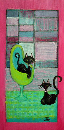 2 Cats Green Rug - oil on 6 x 3 x 3/4 inch panel, framed.