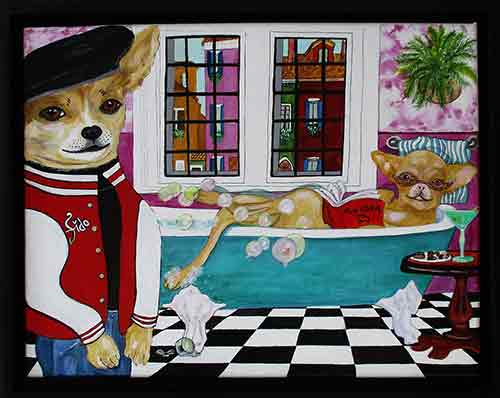 Fido and Fifi - acrylic and ink on 11 x 14 x 3/4 inch canvas, framed.