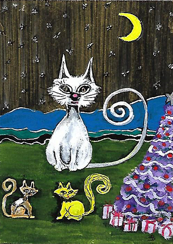 Christmas Cats mixed media ACEO painting by Aucrey Breed.