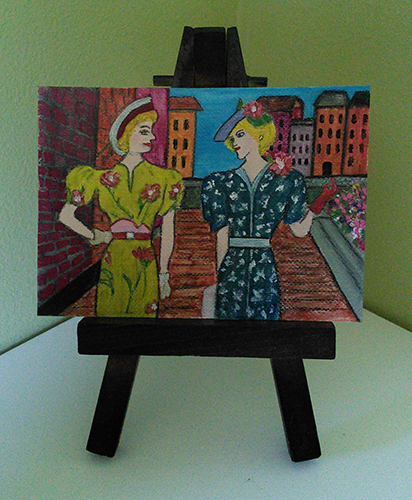 Two Ladies in Holland - aceo, acrylic and ink on canvas paper