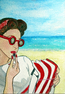 At the Beach - ACEO 3.5" x 2.5" Mixed media on Arches 100% cotton paper