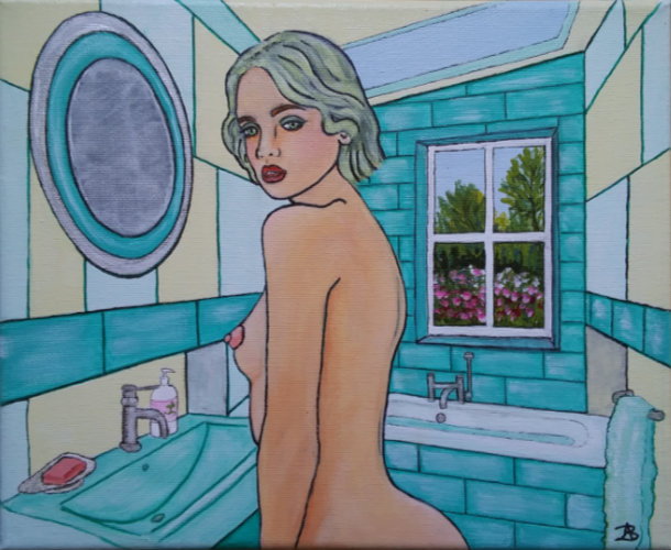 Acrylic and ink painting of nude in bathroom by Audrey Breed