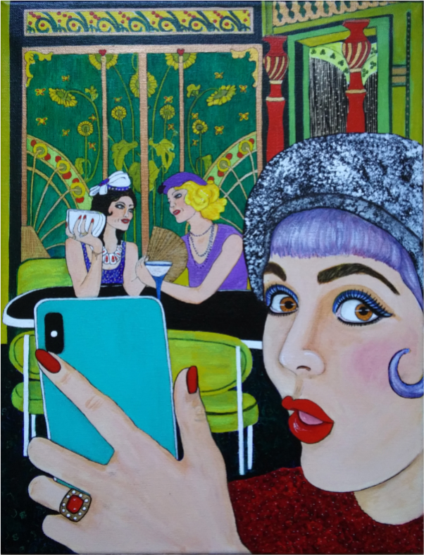 Can You Keep A Secret? acrylic and ink on 16 x 12 x 1/2 inch canvas by Audrey Breed.