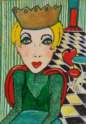 Alice Rocks Her Own Style - ACEO mixed media on 3.5 x 2.5 inch paper by Audrey Breed.