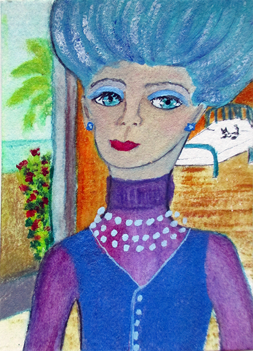 Blue Hair - mixed media painting on 100% cotton paper by Audrey Breed.