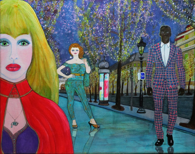 That Night In Paris - acrylic and ink on 11 x 14 x 3/4 inch framed canvas by Audrey Breed