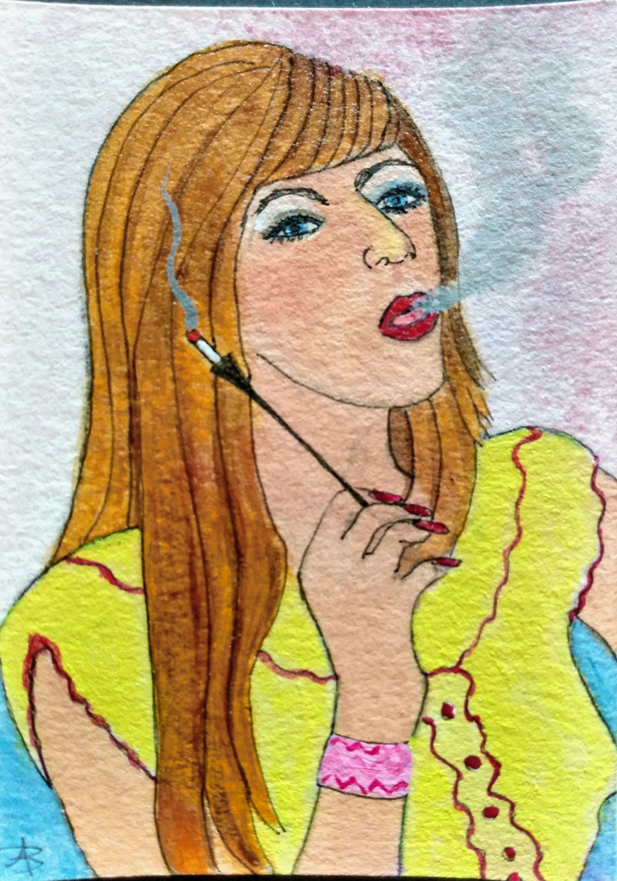 ACEO mixed media painting of woman smoking by Audrey Breed