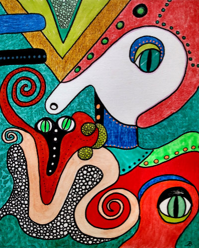 Surreal mixed media painting by Audrey Breed.