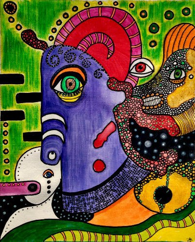 Surreal mixed media painting by Audrey Breed.