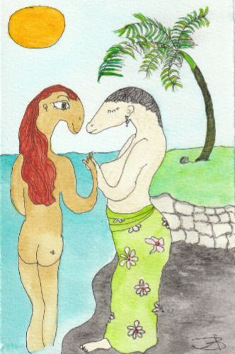 Nude Beach cartoon painting by Audrey Breed