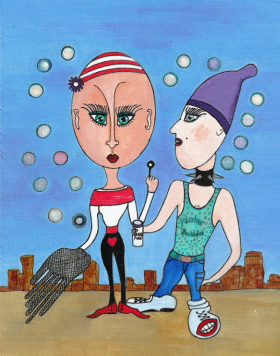 Egghead and Mr Bubbles comic mixed media painting by Audrey Breed