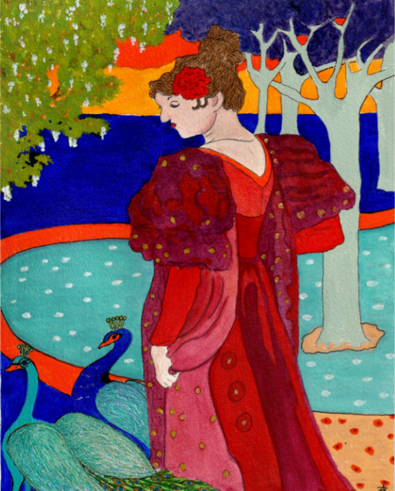 Woman and Peacocks Mixed media painting of Art Nouveau poster
