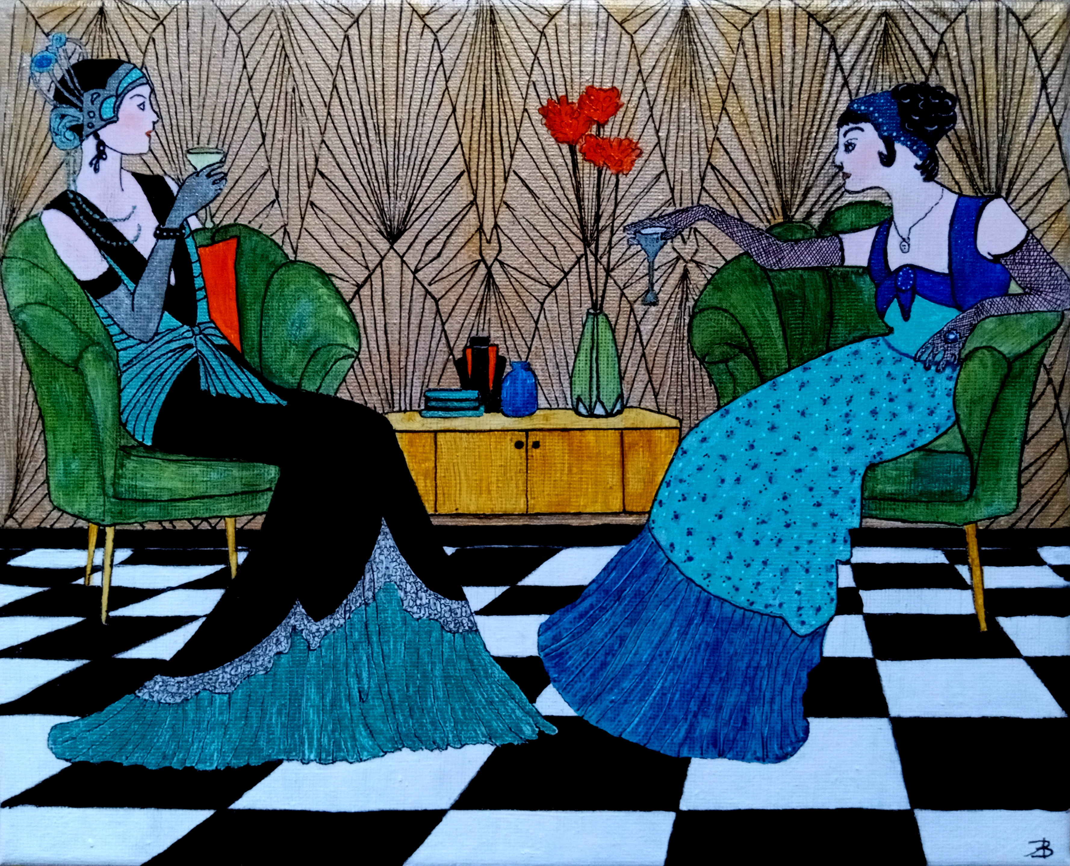 Sisters 8x10 inch Art Deco style mixed media painting by Audrey Breed.