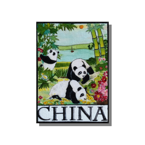 ACEO Travel Poster depicting three panda bears.