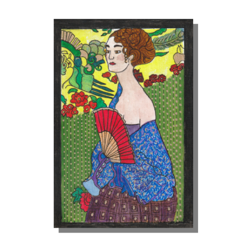 Woman with a Red Fan Mixed Media on 6x4 inch Canvas Panel