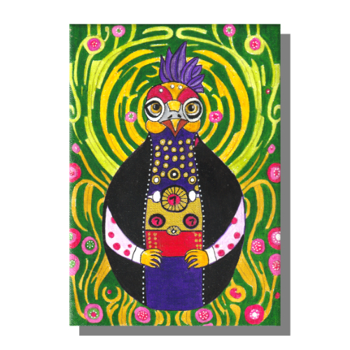 Fear the Rooster #6 Lucky 7 Mixed media painting on 7 x 5 x 3/4 inch linen canvas by Audrey Breed