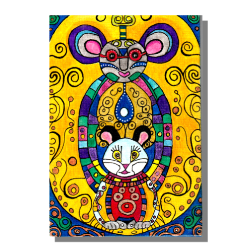 Mouse in the House #1 Mixed media painting on 6 x 4 x 1/4 inch canvas panel by Audrey Breed.