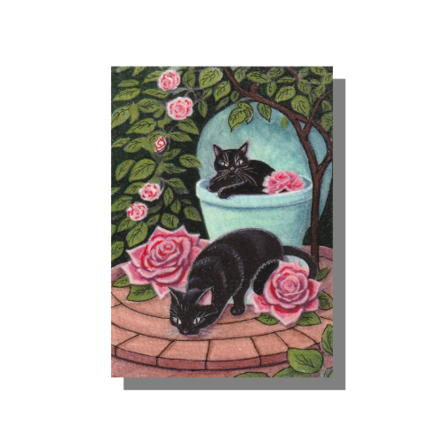 2 Black Cats Mixed media painting on 3.5 x 2.5 inch Arches 140 lb, archival, 100% cotton paper
