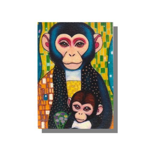 Monkeys Mixed media painting on 3.5 x 2.5 inch Arches 140 lb, archival, 100% cotton paper