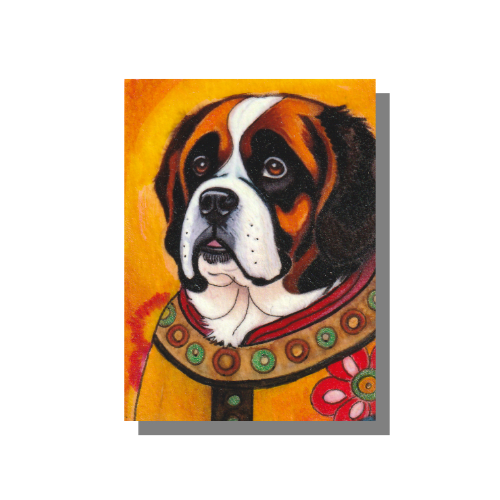 Saint Bernard Mixed media painting on 3.5 x 2.5 inch Arches 140 lb, archival, 100% cotton paper