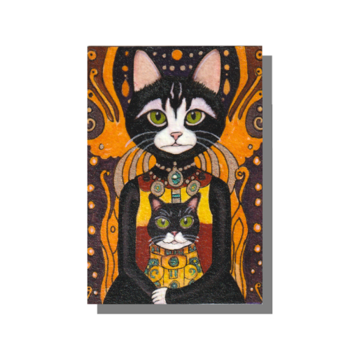 Tuxedo Cats Minnie and Morty Mixed media painting on 3.5 x 2.5 inch Arches 140 lb, archival, 100% cotton paper