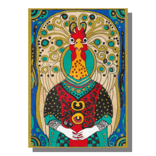 Fear the Rooster #8 Zach Mixed media painting on 7 x 5 x 1/4 inch cotton canvas panel by Audrey Breed