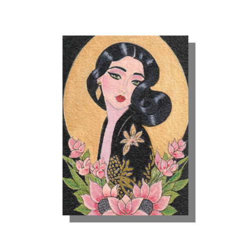 Jezebel Mixed media painting on 3.5 x 2.5 inch Arches 140 lb, archival, 100% cotton paper