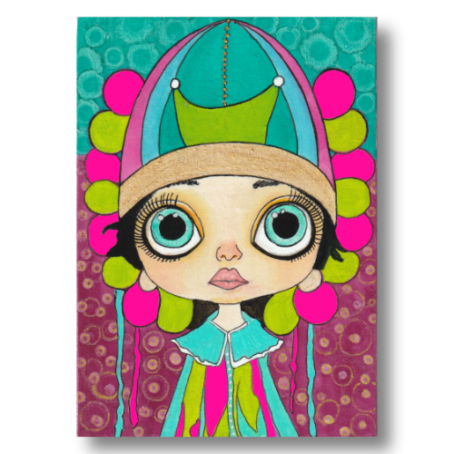 Puppet #6 Mixed media painting on 7 x 5 x 1/4 inch cotton canvas panel by Audrey Breed