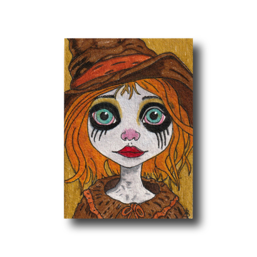Puppet #13 ACEO Series oil & ink painting by Audrey Breed on 3.5 x 2.5 inch Arches 140lb, 100% cotton, archival paper