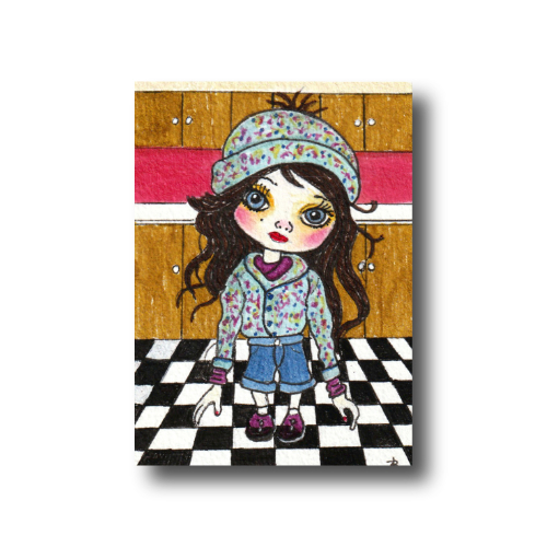 Puppet #6 ACEO Series Mixed media painting on 3.5 x 2.5 inch Arches 140 lb, archival, 100% cotton paper